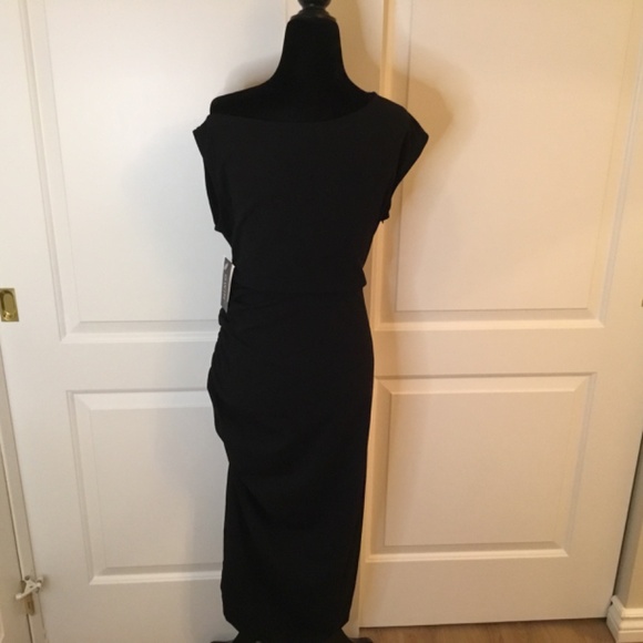 NWT OWIN Black Off Shoulder Ruched Bodycon Cocktail Midi Dress Size Medium - Picture 4 of 7